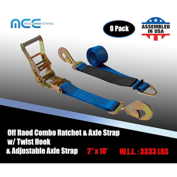 Axle Ratchet Tie Down Strap w/ Snap Hook Race Car Hauler Trailer Flatbed Blue, 8PK